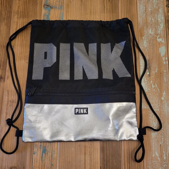 PINK Drawstring Gym Backpack- Silver - Picture 1 of 1